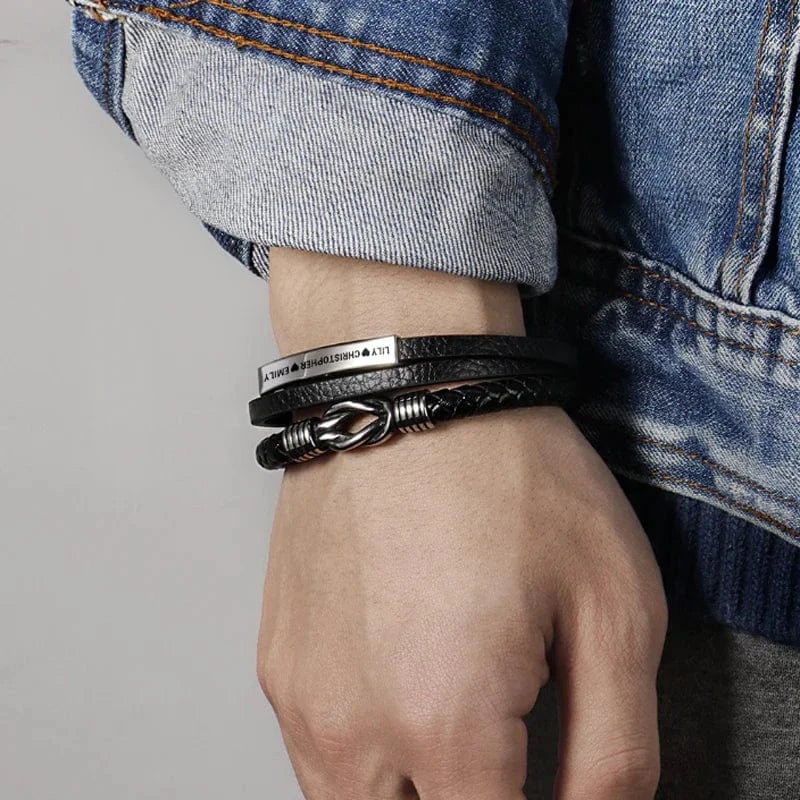 To My Dad Custom Engraved Family Names Three Layer Leather Bracelet