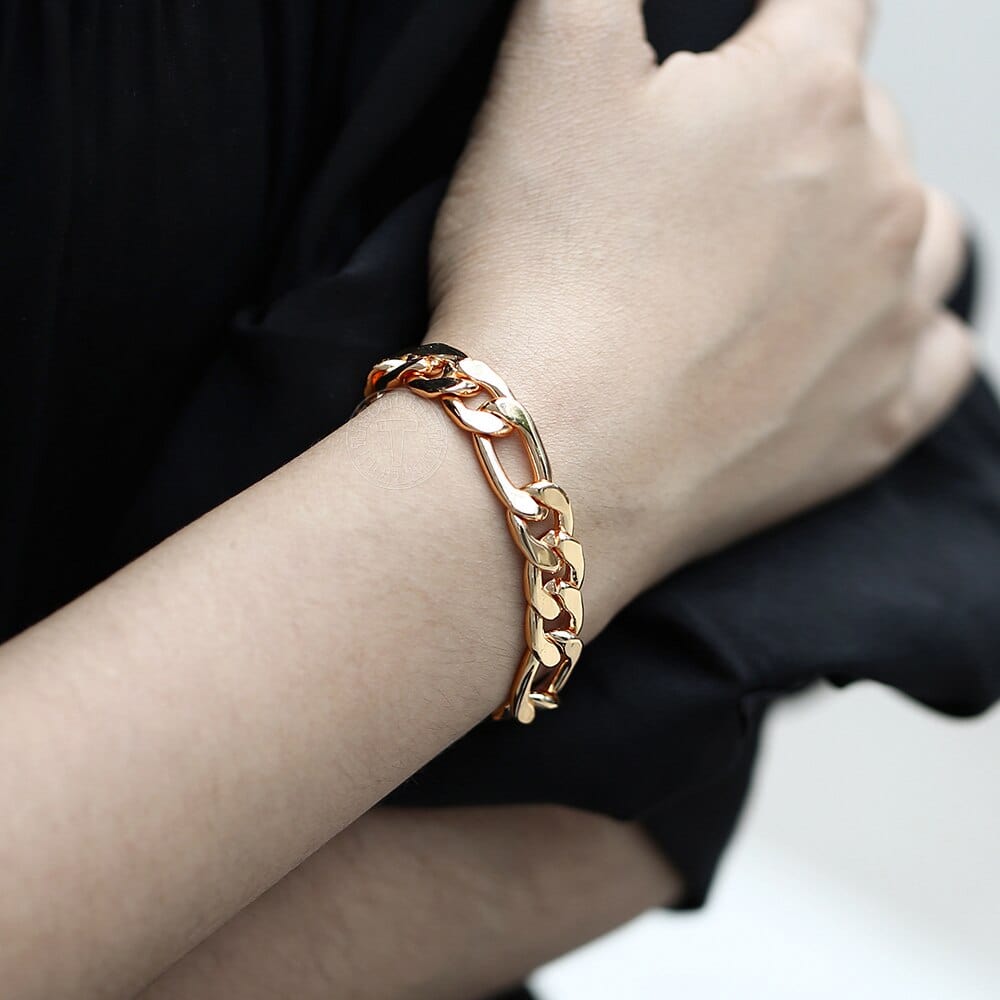 Rose Gold Color Figaro Curb Cuban Link Chain Bracelet for Women Men Smooth Wrist Jewelry Gifts Lobster Clasp