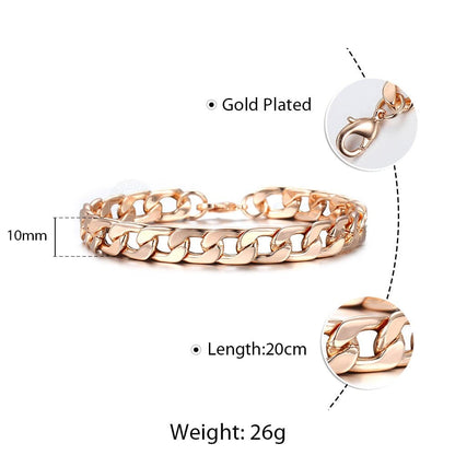 Rose Gold Color Figaro Curb Cuban Link Chain Bracelet for Women Men Smooth Wrist Jewelry Gifts Lobster Clasp