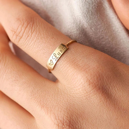 Minimalist Rectangle Signet Rings for Women, Personalized Name Stamp Band Gold Tone Stainless Steel Jewelry Custom Initial Gift