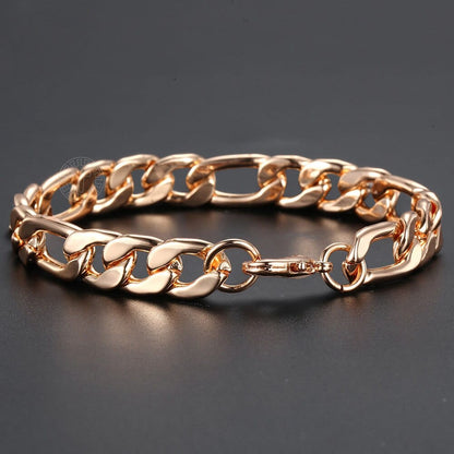 Rose Gold Color Figaro Curb Cuban Link Chain Bracelet for Women Men Smooth Wrist Jewelry Gifts Lobster Clasp