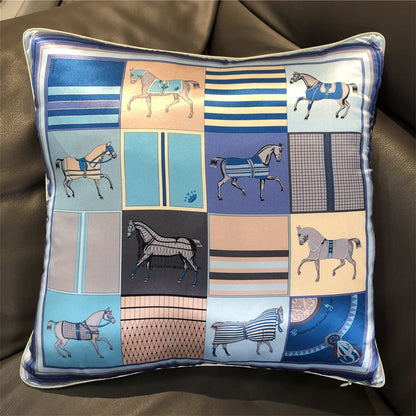 New Silk Pillowcase Brand Design Plaid Horse Sofa Throw Pillow Chair Car Cushion Cover Home Decoration Fashion Pillow
