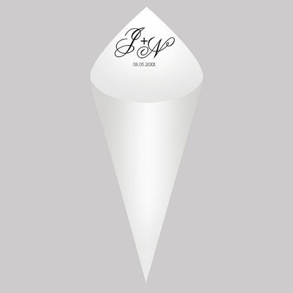 30Pcs Personalized Wedding Cones,White Paper Size 16x16cm ,Custom Name Date Confetti Toss Cones for Bridal Shower Party Favors