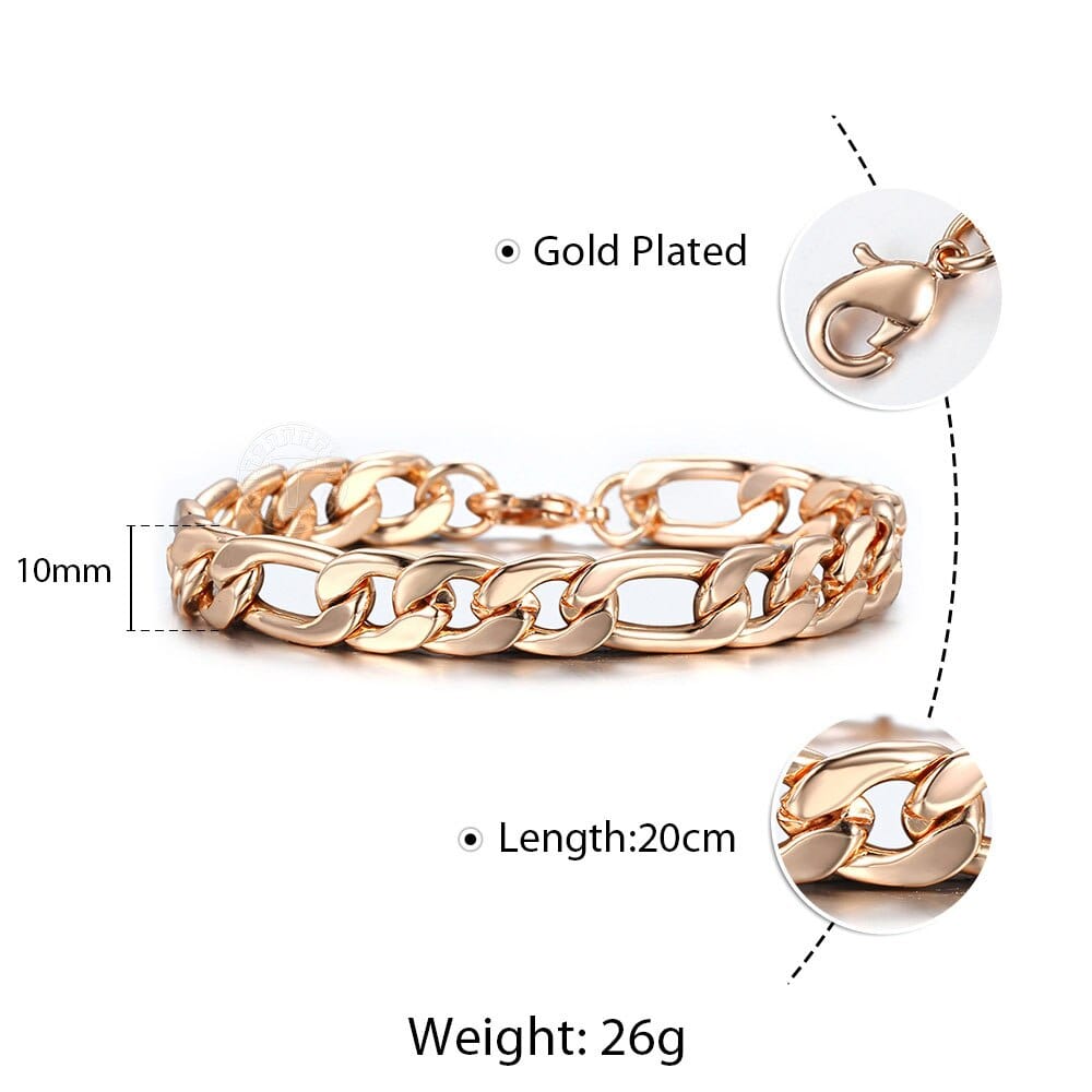 Rose Gold Color Figaro Curb Cuban Link Chain Bracelet for Women Men Smooth Wrist Jewelry Gifts Lobster Clasp