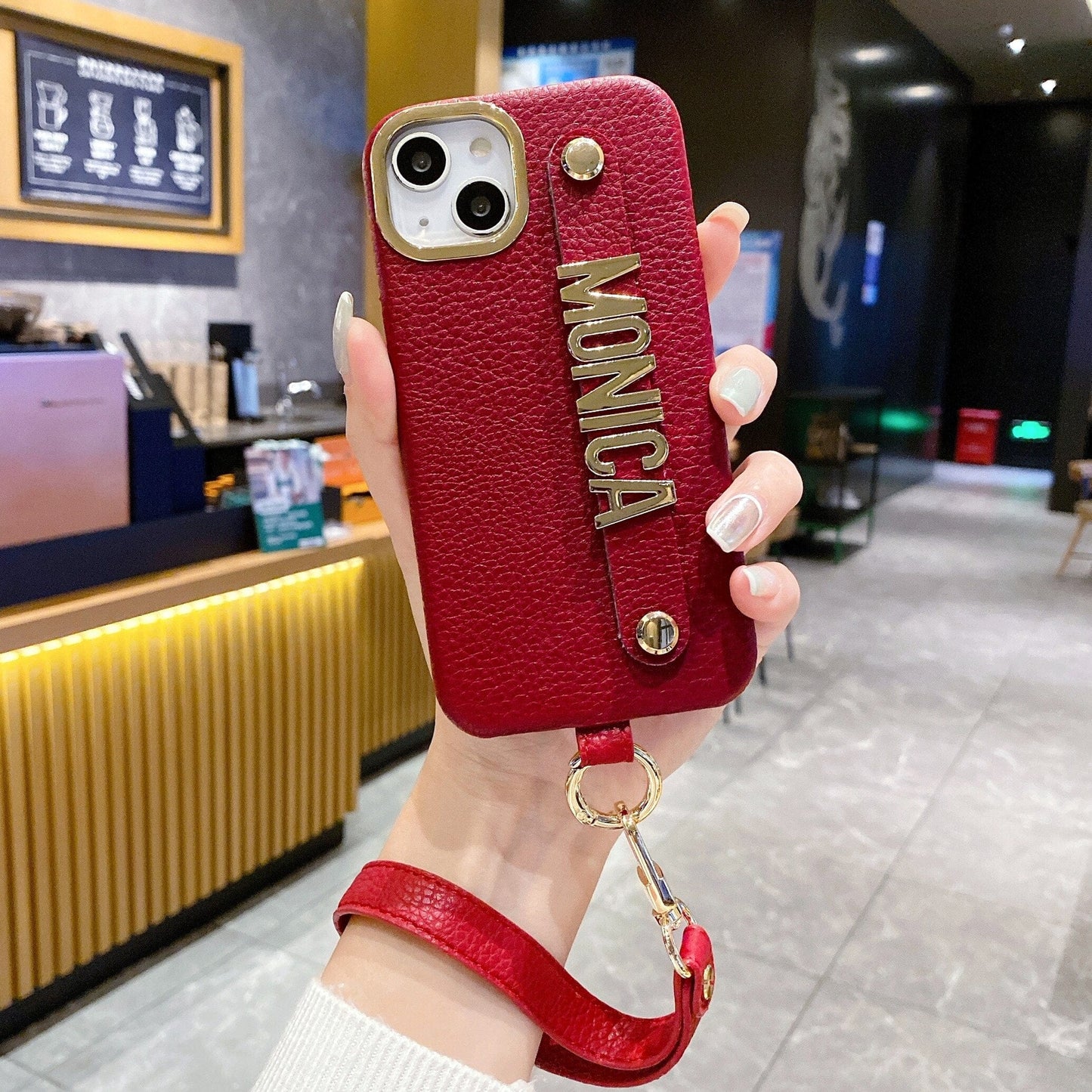 Personalize Name Strap PU Leather Phone Case For iPhone 11 12 13 14 Pro Max Plus Lanyard Diamond Metal Letter Monogram Cover
