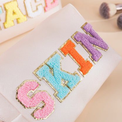 Women Girls Preppy Patch Waterproof Chenille Letter Skincare PU Leather Portable Makeup Cosmetic Toiletry Bag for Daily Use