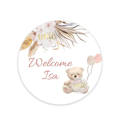 Personalise Pampas Grass Boho Bear Round Sticker Water Bottle Labels 1st Birthday Baby Shower Welcome Baby Baptism Decor Custom
