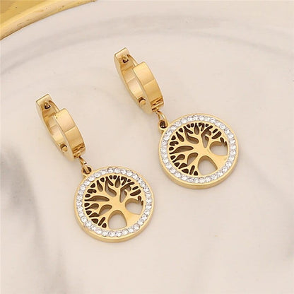 Women Stainless Steel Hollow Circular PatternTree of Life Zircon Pendant Necklace Bracelet Earring Jewelry Set
