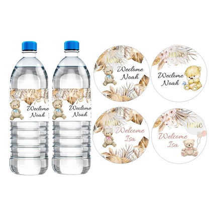 Personalise Pampas Grass Boho Bear Round Sticker Water Bottle Labels 1st Birthday Baby Shower Welcome Baby Baptism Decor Custom
