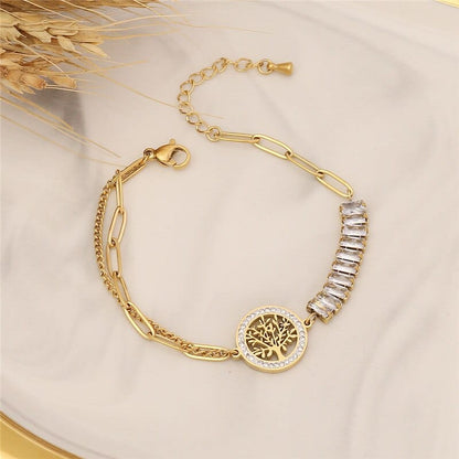 Women Stainless Steel Hollow Circular PatternTree of Life Zircon Pendant Necklace Bracelet Earring Jewelry Set