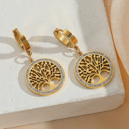 Women Stainless Steel Hollow Circular PatternTree of Life Zircon Pendant Necklace Bracelet Earring Jewelry Set