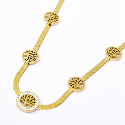 Women Stainless Steel Hollow Circular PatternTree of Life Zircon Pendant Necklace Bracelet Earring Jewelry Set