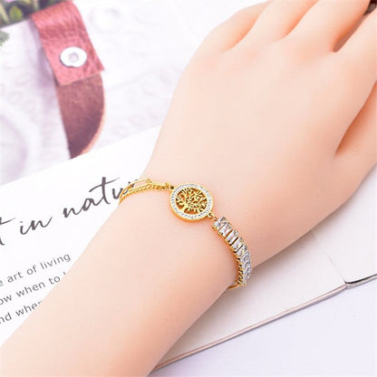 Women Stainless Steel Hollow Circular PatternTree of Life Zircon Pendant Necklace Bracelet Earring Jewelry Set