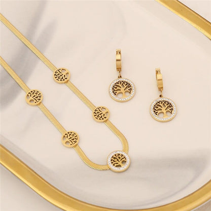 Women Stainless Steel Hollow Circular PatternTree of Life Zircon Pendant Necklace Bracelet Earring Jewelry Set