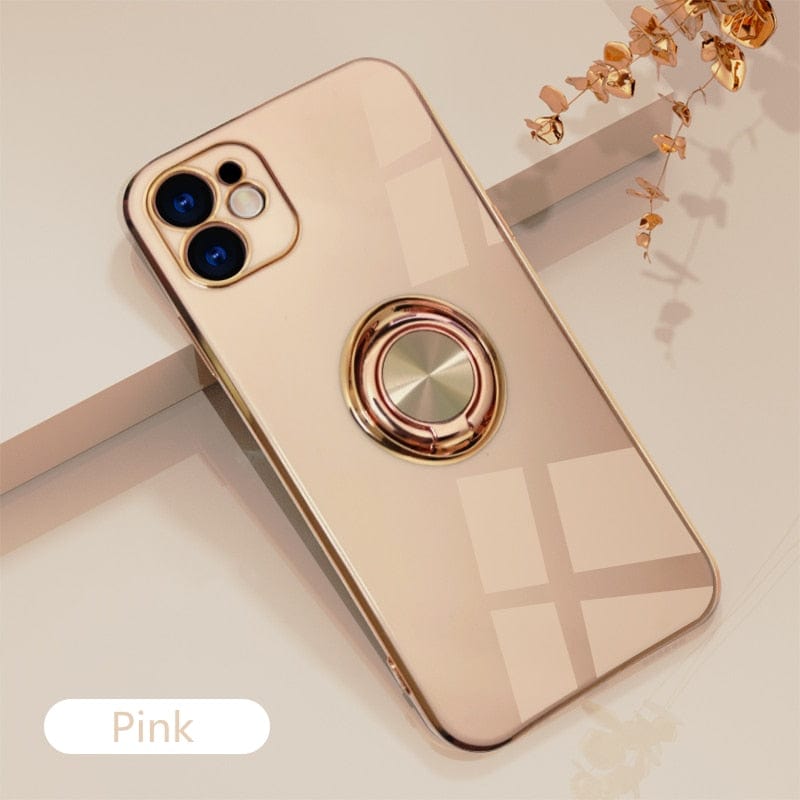 Luxury Plating Silicone Case For iPhone 14 13 12 11 Pro Xs Max Mini SE X XR 7 8 Plus Metal Ring Holder Stand Soft Phone Cover