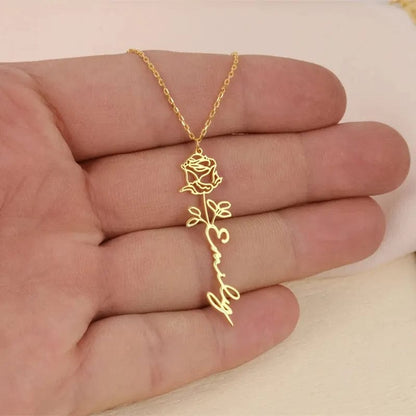 Custom Birth Month Flower Name Necklace Stainless Steel Nameplate Pendant Personalized Chain Necklace Women All Occasion Gifts