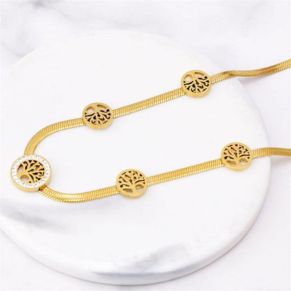 Women Stainless Steel Hollow Circular PatternTree of Life Zircon Pendant Necklace Bracelet Earring Jewelry Set