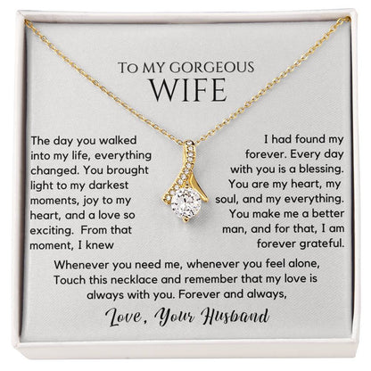 gift for wife, necklace for wife, romantic jewelry, anniversary gift, wife jewelry, love necklace, you are my forever necklace
Surprise your beloved with the "To My Gorgeous Wife - You Are My Forever" Necklace, a stunning symbol of your eternal love and commitment. This elegant necklace, crafted with premium materials, features a timeless design that beautifully complements any style. Whether for an anniversary, birthday, or just because, this heartfelt gift expresses how much she means to you. 