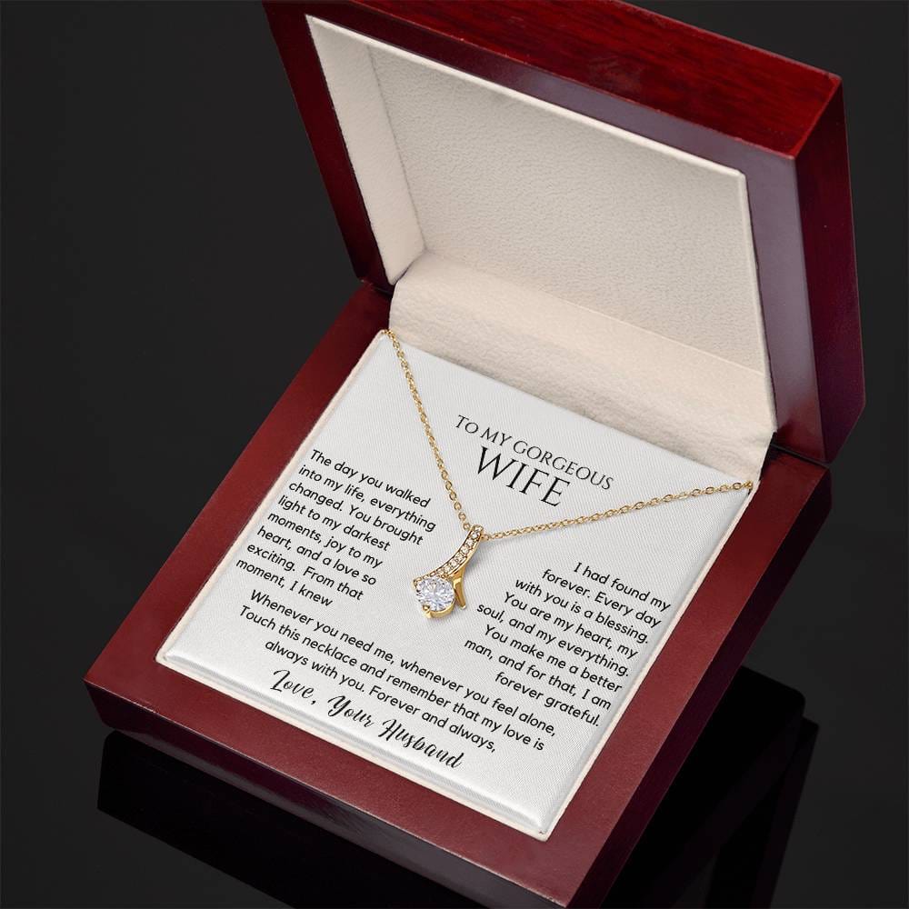 gift for wife, necklace for wife, romantic jewelry, anniversary gift, wife jewelry, love necklace, you are my forever necklace
Surprise your beloved with the "To My Gorgeous Wife - You Are My Forever" Necklace, a stunning symbol of your eternal love and commitment. This elegant necklace, crafted with premium materials, features a timeless design that beautifully complements any style. Whether for an anniversary, birthday, or just because, this heartfelt gift expresses how much she means to you. 