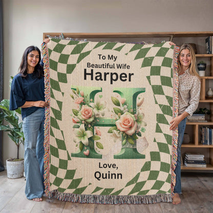 Gift For Beautiful Wife - Custom Name Initial - Woven Blanket