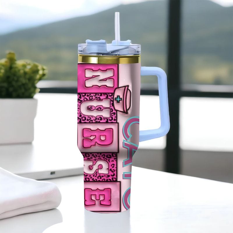 Custom Nurse Name Pink 40oz Gold Stainless Steel Tumbler