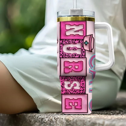 Custom Nurse Name Pink 40oz Gold Stainless Steel Tumbler