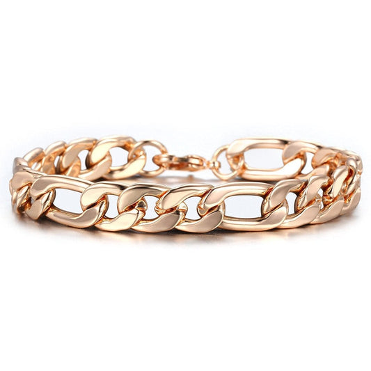 Rose Gold Color Figaro Curb Cuban Link Chain Bracelet for Women Men Smooth Wrist Jewelry Gifts Lobster Clasp