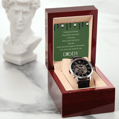 Men´s Openwork Watch Leather Band Crystal Glass Water Resistant Father´s Day Birthday Anniversary Groom Groomsmen