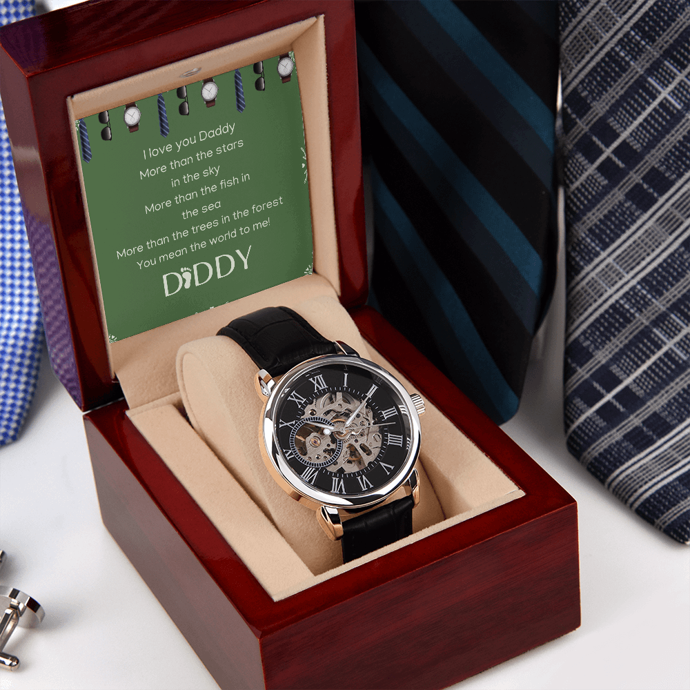 Men´s Openwork Watch Leather Band Crystal Glass Water Resistant Father´s Day Birthday Anniversary Groom Groomsmen
