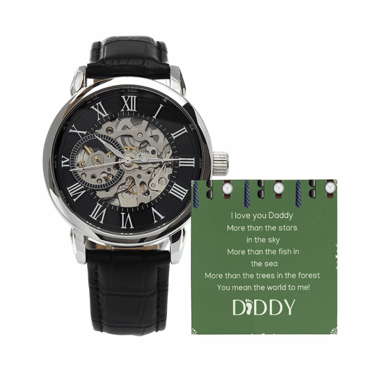 Men´s Openwork Watch Leather Band Crystal Glass Water Resistant Father´s Day Birthday Anniversary Groom Groomsmen